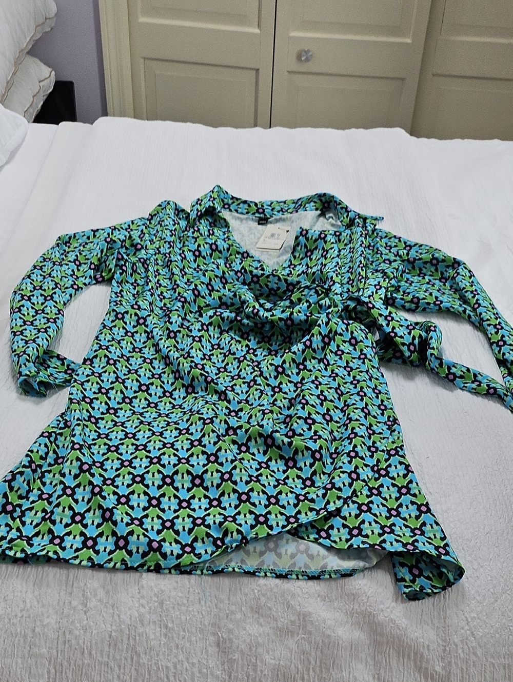 Woman's Teal, Green & Black Geometric Tie Blouse Dress